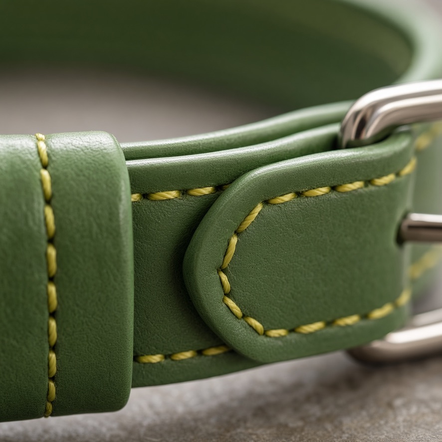Close detail of a hand-stitched olive green leather collar and keeper