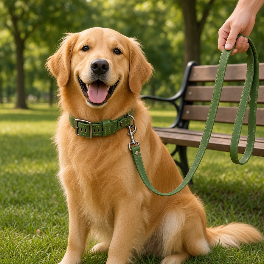 A golden retriever wearing an olive green leather collar and lead