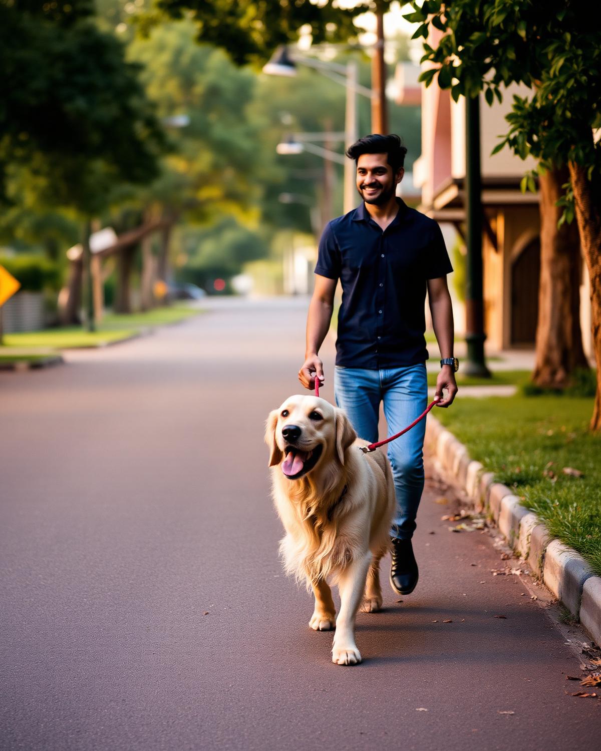 A pet parent walking their golden retriever at golden hour