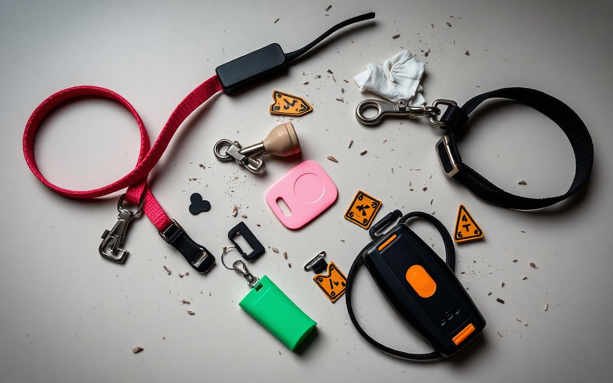 Mismatched dog walking accessories in different colors and styles